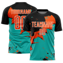 Загрузить изображение в средство просмотра галереи, Custom Black Orange-Aqua Splash Sublimation Soccer Uniform Jersey