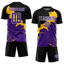Laden Sie das Bild in den Galerie-Viewer, Custom Black Purple-Yellow Splash Sublimation Soccer Uniform Jersey