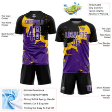 Laden Sie das Bild in den Galerie-Viewer, Custom Black Purple-Yellow Splash Sublimation Soccer Uniform Jersey