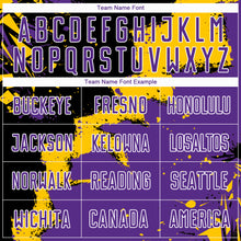 Laden Sie das Bild in den Galerie-Viewer, Custom Black Purple-Yellow Splash Sublimation Soccer Uniform Jersey