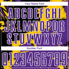 Laden Sie das Bild in den Galerie-Viewer, Custom Black Purple-Yellow Splash Sublimation Soccer Uniform Jersey