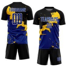 Load image into Gallery viewer, Custom Black Royal-Yellow Splash Sublimation Soccer Uniform Jersey
