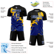 Load image into Gallery viewer, Custom Black Royal-Yellow Splash Sublimation Soccer Uniform Jersey