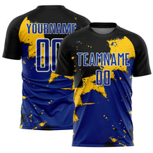 Load image into Gallery viewer, Custom Black Royal-Yellow Splash Sublimation Soccer Uniform Jersey