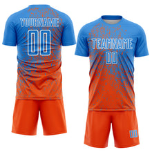 Laden Sie das Bild in den Galerie-Viewer, Custom Powder Blue Orange-White Abstract Fragment Art Sublimation Soccer Uniform Jersey