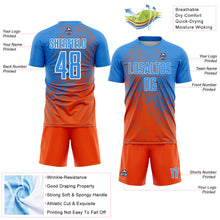 Laden Sie das Bild in den Galerie-Viewer, Custom Powder Blue Orange-White Abstract Fragment Art Sublimation Soccer Uniform Jersey