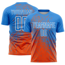 Laden Sie das Bild in den Galerie-Viewer, Custom Powder Blue Orange-White Abstract Fragment Art Sublimation Soccer Uniform Jersey