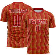 Load image into Gallery viewer, Custom Red Old Gold-White Geometric Shape Sublimation Soccer Uniform Jersey