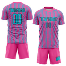 Laden Sie das Bild in den Galerie-Viewer, Custom Pink Lakes Blue-Black Geometric Shape Sublimation Soccer Uniform Jersey