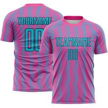 Laden Sie das Bild in den Galerie-Viewer, Custom Pink Lakes Blue-Black Geometric Shape Sublimation Soccer Uniform Jersey