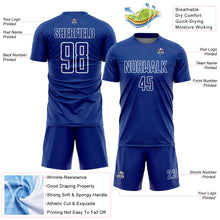 Laden Sie das Bild in den Galerie-Viewer, Custom Royal White Geometric Shape Sublimation Soccer Uniform Jersey