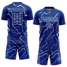 Laden Sie das Bild in den Galerie-Viewer, Custom Royal White Lightning Sublimation Soccer Uniform Jersey