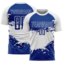 Laden Sie das Bild in den Galerie-Viewer, Custom Royal White Splash Sublimation Soccer Uniform Jersey