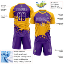 Charger l'image dans la galerie, Custom Purple Gold-White Splash Sublimation Soccer Uniform Jersey