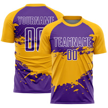 Charger l'image dans la galerie, Custom Purple Gold-White Splash Sublimation Soccer Uniform Jersey