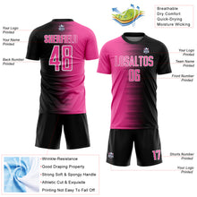 Laden Sie das Bild in den Galerie-Viewer, Custom Black Pink-White Gradient Line Sublimation Soccer Uniform Jersey