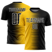 Laden Sie das Bild in den Galerie-Viewer, Custom Black Yellow-White Gradient Line Sublimation Soccer Uniform Jersey