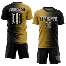 Laden Sie das Bild in den Galerie-Viewer, Custom Black Old Gold-White Gradient Line Sublimation Soccer Uniform Jersey