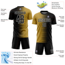 Laden Sie das Bild in den Galerie-Viewer, Custom Black Old Gold-White Gradient Line Sublimation Soccer Uniform Jersey