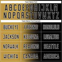 Laden Sie das Bild in den Galerie-Viewer, Custom Black Old Gold-White Gradient Line Sublimation Soccer Uniform Jersey