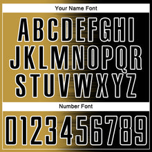 Laden Sie das Bild in den Galerie-Viewer, Custom Black Old Gold-White Gradient Line Sublimation Soccer Uniform Jersey