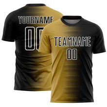 Laden Sie das Bild in den Galerie-Viewer, Custom Black Old Gold-White Gradient Line Sublimation Soccer Uniform Jersey