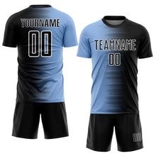 Laden Sie das Bild in den Galerie-Viewer, Custom Black Light Blue-White Gradient Line Sublimation Soccer Uniform Jersey
