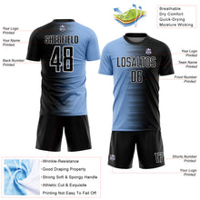 Laden Sie das Bild in den Galerie-Viewer, Custom Black Light Blue-White Gradient Line Sublimation Soccer Uniform Jersey