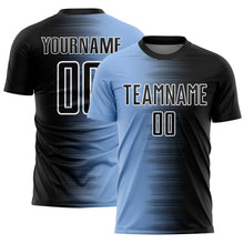 Laden Sie das Bild in den Galerie-Viewer, Custom Black Light Blue-White Gradient Line Sublimation Soccer Uniform Jersey