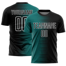Laden Sie das Bild in den Galerie-Viewer, Custom Black Teal-White Gradient Line Sublimation Soccer Uniform Jersey