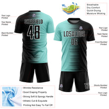 Laden Sie das Bild in den Galerie-Viewer, Custom Black Ice Blue-White Gradient Line Sublimation Soccer Uniform Jersey