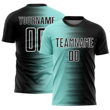 Laden Sie das Bild in den Galerie-Viewer, Custom Black Ice Blue-White Gradient Line Sublimation Soccer Uniform Jersey