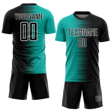 Laden Sie das Bild in den Galerie-Viewer, Custom Black Aqua-White Gradient Line Sublimation Soccer Uniform Jersey