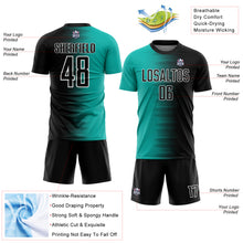 Laden Sie das Bild in den Galerie-Viewer, Custom Black Aqua-White Gradient Line Sublimation Soccer Uniform Jersey