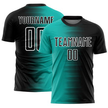 Laden Sie das Bild in den Galerie-Viewer, Custom Black Aqua-White Gradient Line Sublimation Soccer Uniform Jersey