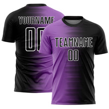 Laden Sie das Bild in den Galerie-Viewer, Custom Black Medium Purple-White Gradient Line Sublimation Soccer Uniform Jersey