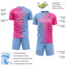 Laden Sie das Bild in den Galerie-Viewer, Custom Light Blue Pink-White Gradient Line Sublimation Soccer Uniform Jersey