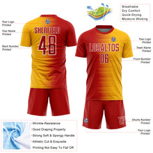 Laden Sie das Bild in den Galerie-Viewer, Custom Red Gold-White Gradient Line Sublimation Soccer Uniform Jersey