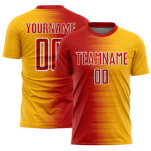 Laden Sie das Bild in den Galerie-Viewer, Custom Red Gold-White Gradient Line Sublimation Soccer Uniform Jersey