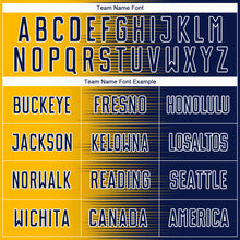 Laden Sie das Bild in den Galerie-Viewer, Custom Navy Gold-White Gradient Line Sublimation Soccer Uniform Jersey