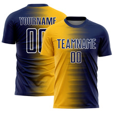 Laden Sie das Bild in den Galerie-Viewer, Custom Navy Gold-White Gradient Line Sublimation Soccer Uniform Jersey