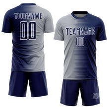 Laden Sie das Bild in den Galerie-Viewer, Custom Navy Gray-White Gradient Line Sublimation Soccer Uniform Jersey