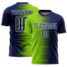 Laden Sie das Bild in den Galerie-Viewer, Custom Navy Neon Green-White Gradient Line Sublimation Soccer Uniform Jersey