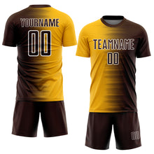 Laden Sie das Bild in den Galerie-Viewer, Custom Brown Gold-White Gradient Line Sublimation Soccer Uniform Jersey