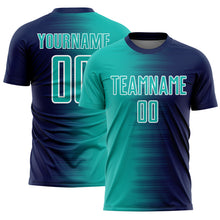 Laden Sie das Bild in den Galerie-Viewer, Custom Navy Aqua-White Gradient Line Sublimation Soccer Uniform Jersey
