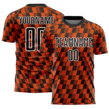 Laden Sie das Bild in den Galerie-Viewer, Custom Black Orange-White Line Sublimation Soccer Uniform Jersey