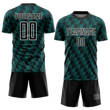 Загрузить изображение в средство просмотра галереи, Custom Black Teal-White Line Sublimation Soccer Uniform Jersey