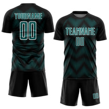 Laden Sie das Bild in den Galerie-Viewer, Custom Black Teal-White Line Sublimation Soccer Uniform Jersey