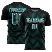 Laden Sie das Bild in den Galerie-Viewer, Custom Black Teal-White Line Sublimation Soccer Uniform Jersey