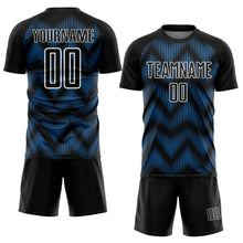 Laden Sie das Bild in den Galerie-Viewer, Custom Black Powder Blue-White Line Sublimation Soccer Uniform Jersey